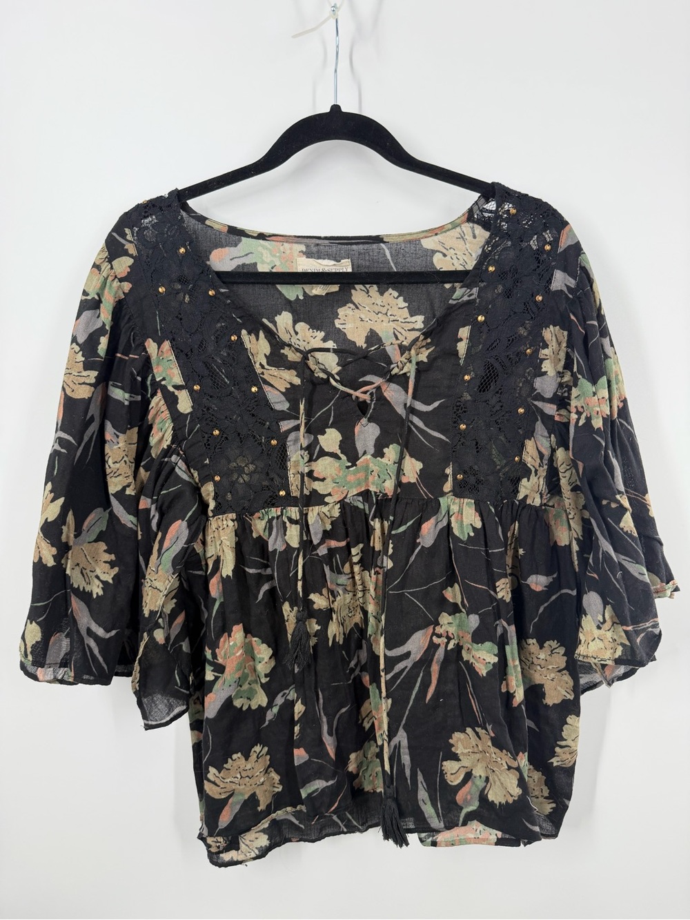 Ralph Lauren Denim & Supply Floral Flutter Sleeve Black Top - Picture 1 of 6
